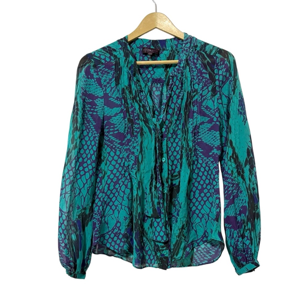 Hale Bob Size XS Silk Turquoise Purple Snake‎ Print Neck Tie Button Up Top Y2K